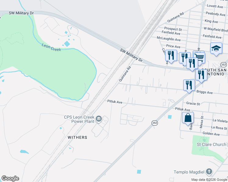map of restaurants, bars, coffee shops, grocery stores, and more near 7330 Quintana Road in San Antonio