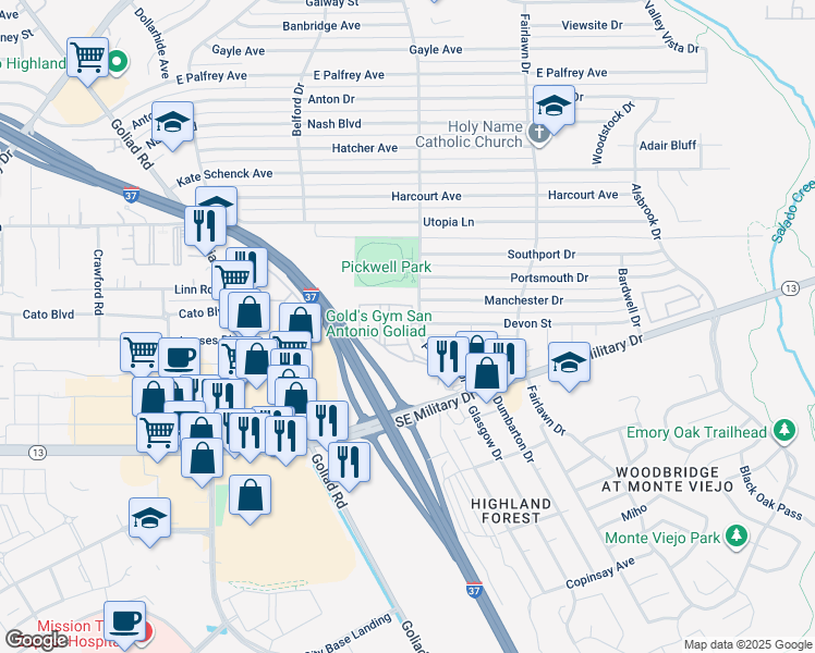 map of restaurants, bars, coffee shops, grocery stores, and more near 3603 Devon Street in San Antonio