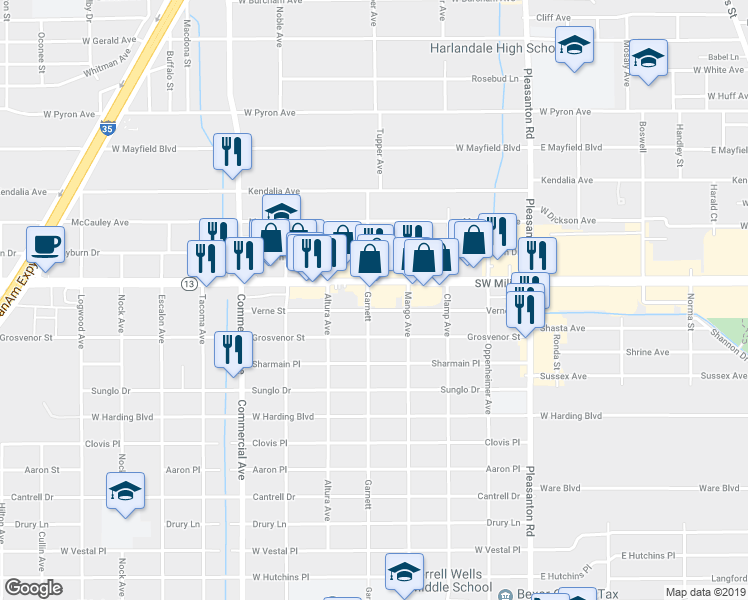 map of restaurants, bars, coffee shops, grocery stores, and more near 1200 Southwest Military Drive in San Antonio