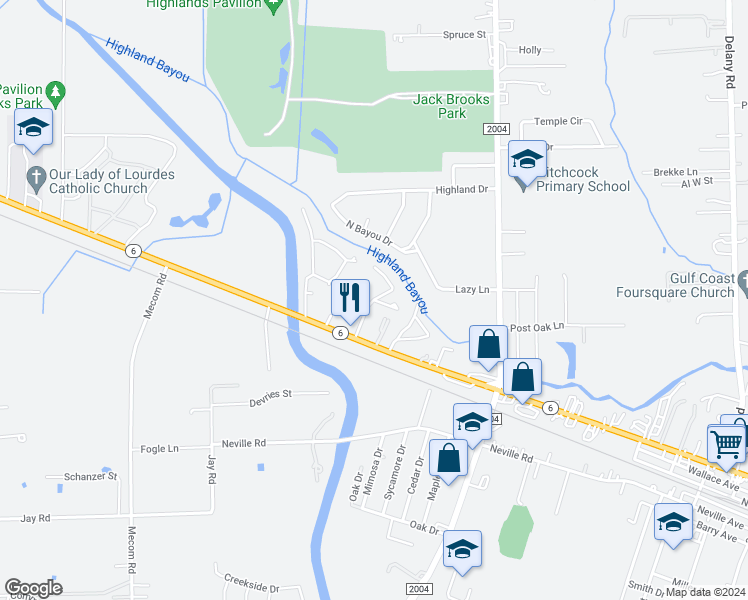 map of restaurants, bars, coffee shops, grocery stores, and more near 9298 Moss Lane in Hitchcock