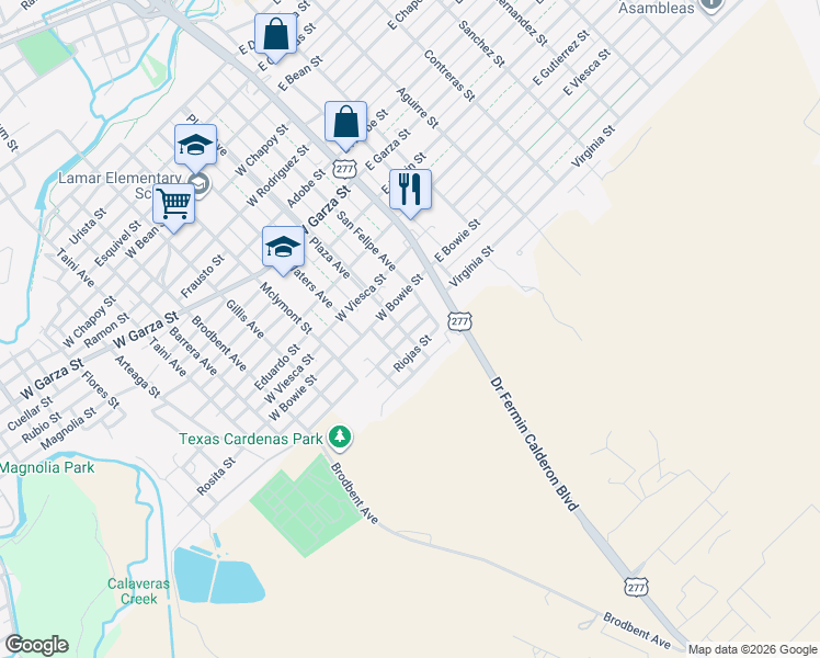 map of restaurants, bars, coffee shops, grocery stores, and more near 807 West Martinez Street in Del Rio