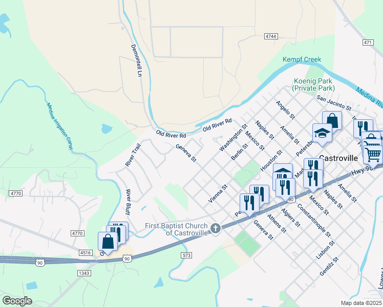 map of restaurants, bars, coffee shops, grocery stores, and more near 1201 Chateau Street in Castroville