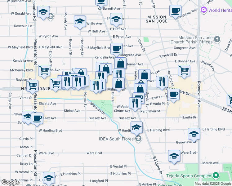 map of restaurants, bars, coffee shops, grocery stores, and more near 150 Southwest Military Drive in San Antonio