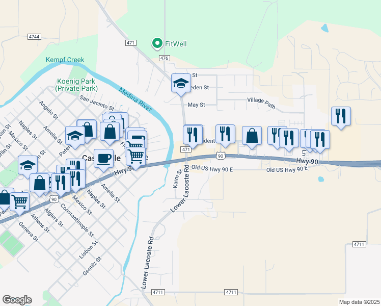 map of restaurants, bars, coffee shops, grocery stores, and more near 203 US 90 in Castroville
