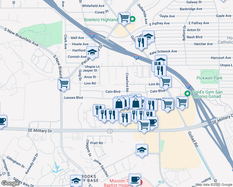 map of restaurants, bars, coffee shops, grocery stores, and more near 3123 Cato Boulevard in San Antonio