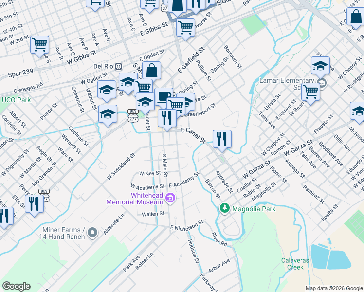map of restaurants, bars, coffee shops, grocery stores, and more near 615 Pecan St in Del Rio