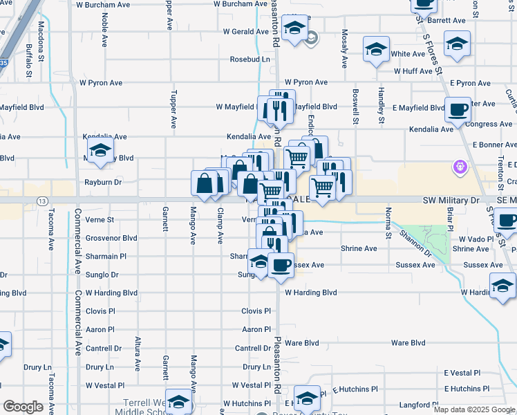 map of restaurants, bars, coffee shops, grocery stores, and more near 826 Southwest Military Drive in San Antonio