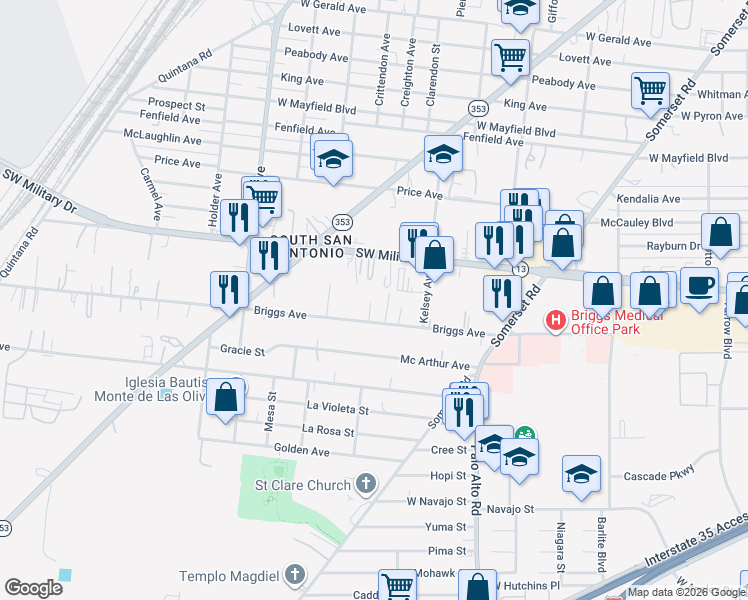 map of restaurants, bars, coffee shops, grocery stores, and more near 118 Hartsell in San Antonio