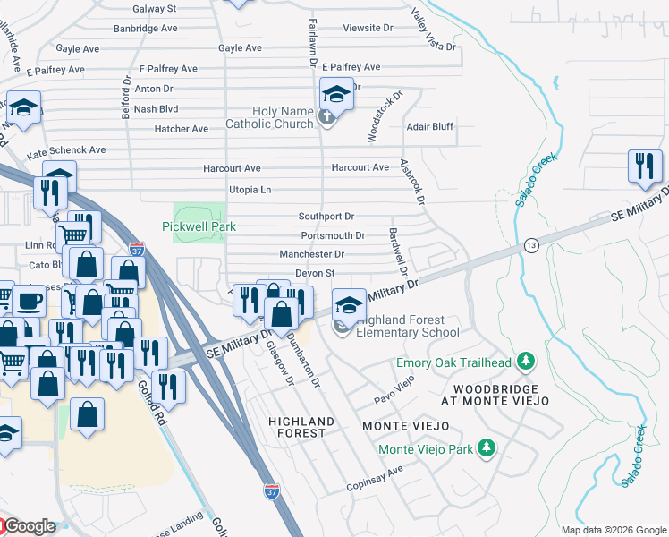 map of restaurants, bars, coffee shops, grocery stores, and more near 3838 Manchester Drive in San Antonio