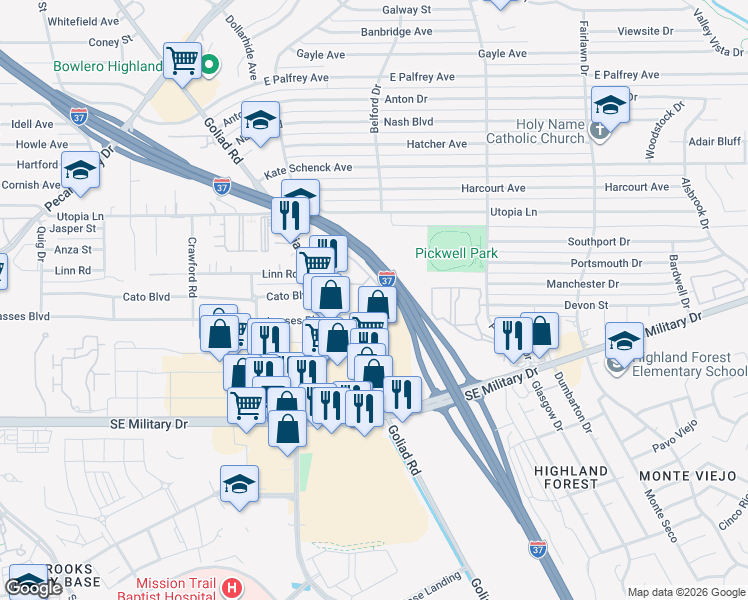 map of restaurants, bars, coffee shops, grocery stores, and more near 2566 Goliad Road in San Antonio