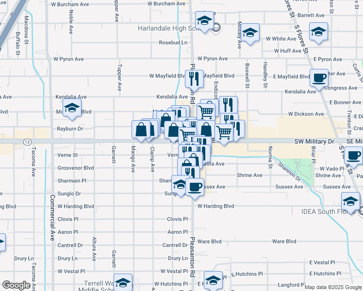 map of restaurants, bars, coffee shops, grocery stores, and more near 820 Southwest Military Drive in San Antonio
