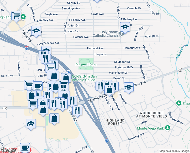 map of restaurants, bars, coffee shops, grocery stores, and more near 3603 Devon Street in San Antonio