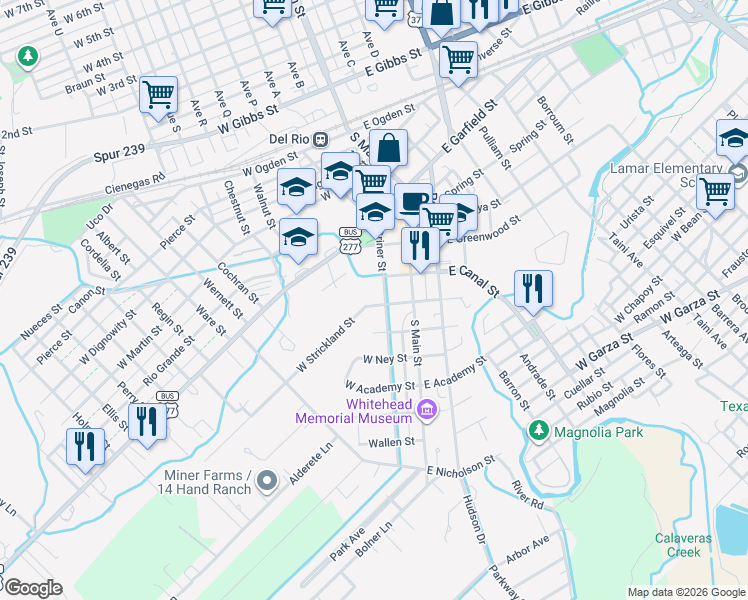 map of restaurants, bars, coffee shops, grocery stores, and more near 209 West Strickland Street in Del Rio