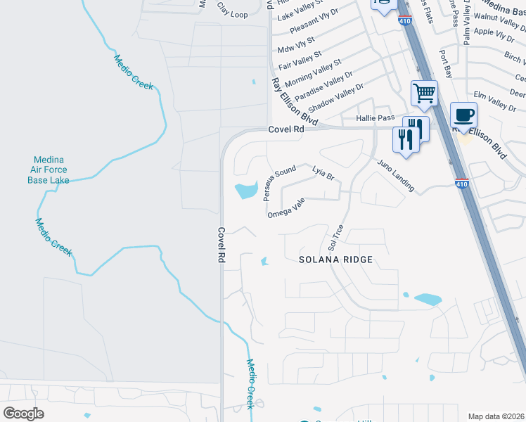 map of restaurants, bars, coffee shops, grocery stores, and more near 7631 Perseus Sound in San Antonio
