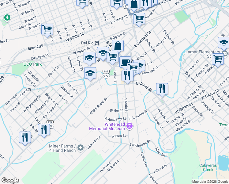 map of restaurants, bars, coffee shops, grocery stores, and more near 209 West Strickland Street in Del Rio