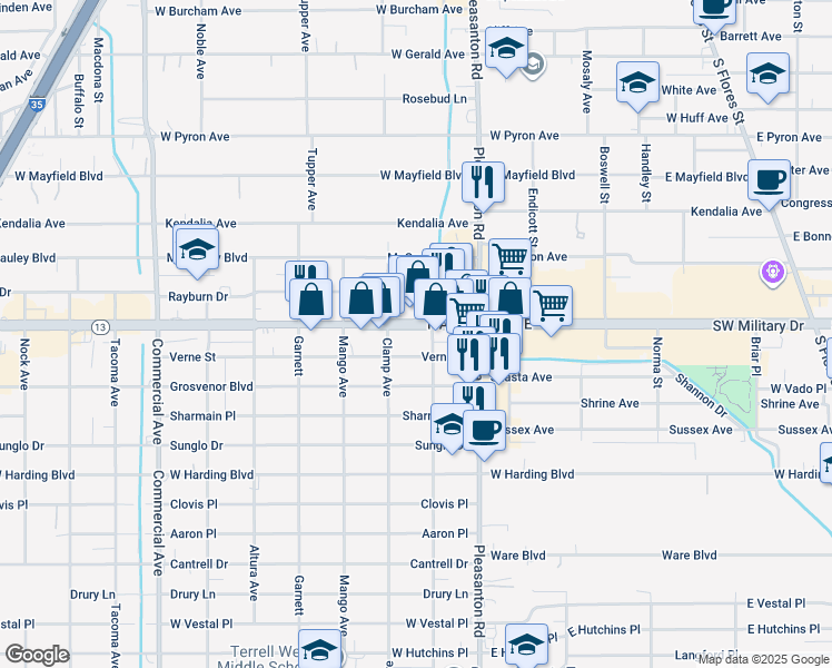 map of restaurants, bars, coffee shops, grocery stores, and more near 910 Southwest Military Drive in San Antonio