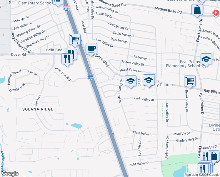 map of restaurants, bars, coffee shops, grocery stores, and more near 6818 Freedom Hills in San Antonio
