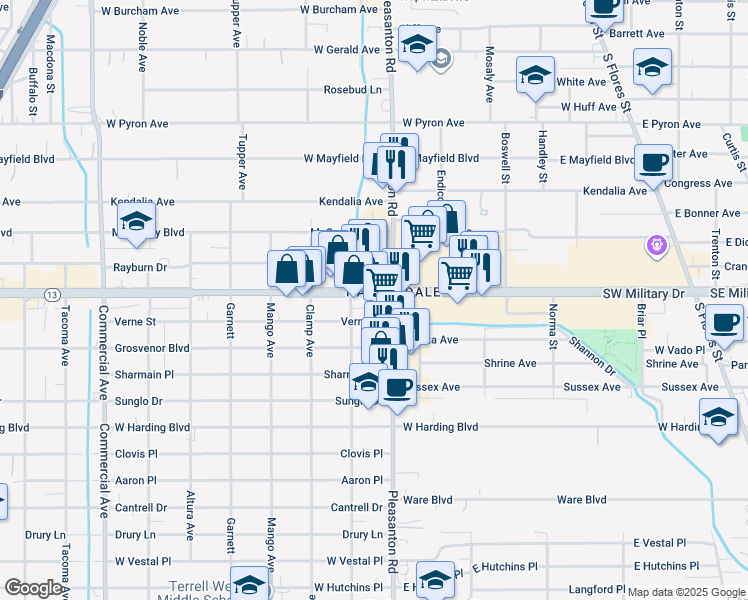 map of restaurants, bars, coffee shops, grocery stores, and more near 826 Southwest Military Drive in San Antonio