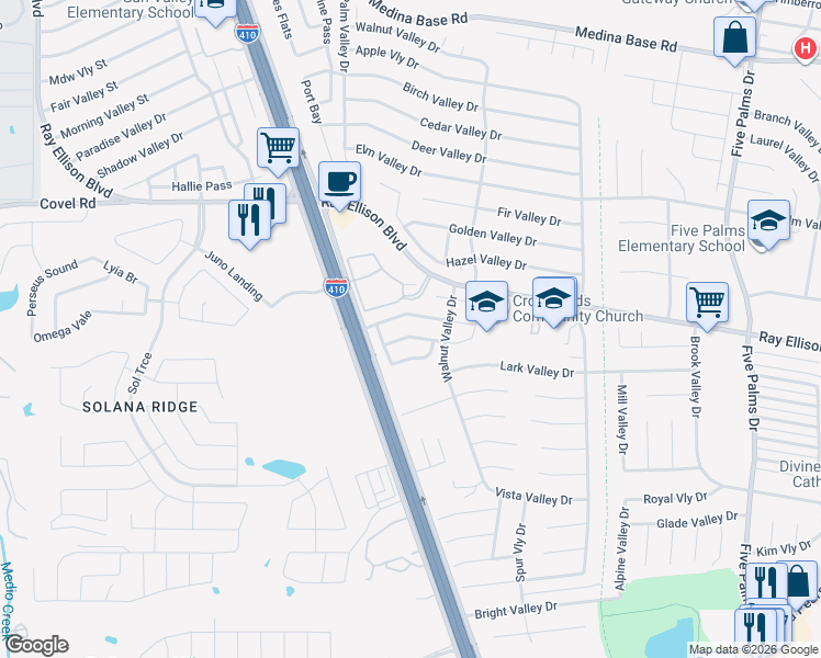 map of restaurants, bars, coffee shops, grocery stores, and more near 6818 Freedom Hills in San Antonio