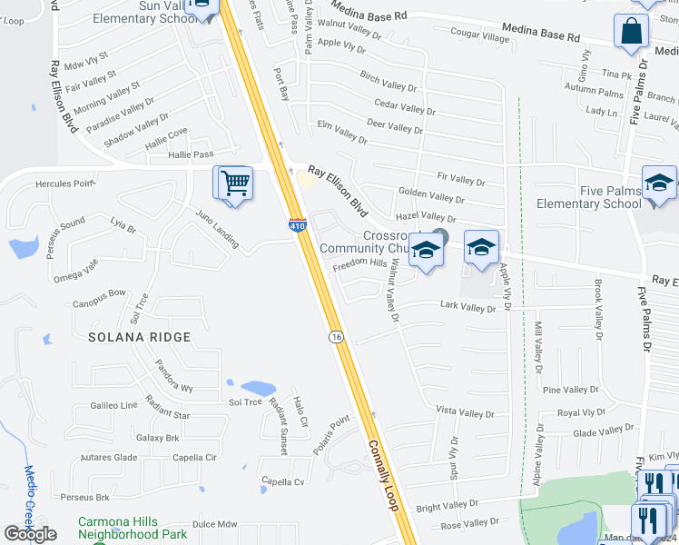 map of restaurants, bars, coffee shops, grocery stores, and more near 6818 Freedom Hills in San Antonio