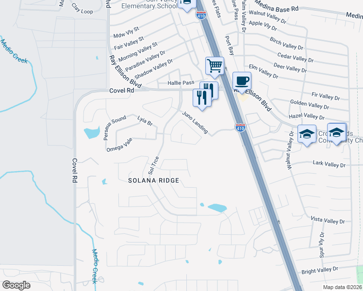 map of restaurants, bars, coffee shops, grocery stores, and more near 7134 Comet Manor in San Antonio