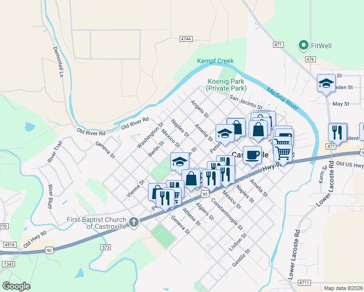 map of restaurants, bars, coffee shops, grocery stores, and more near 1615 Mexico Street in Castroville