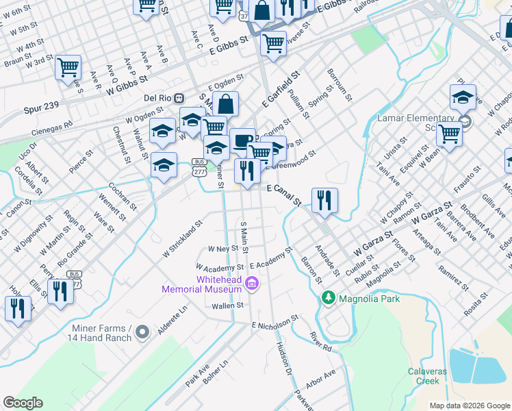 map of restaurants, bars, coffee shops, grocery stores, and more near 615 Pecan St in Del Rio