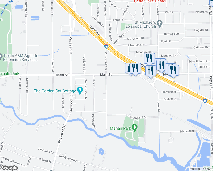 map of restaurants, bars, coffee shops, grocery stores, and more near 2323 Westward Avenue in La Marque