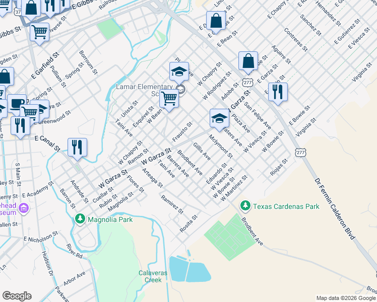map of restaurants, bars, coffee shops, grocery stores, and more near 303 Minjares Street in Del Rio
