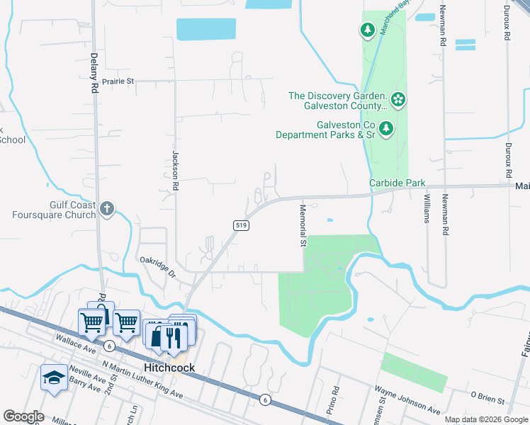 map of restaurants, bars, coffee shops, grocery stores, and more near 6180 Farm to Market 519 in Hitchcock