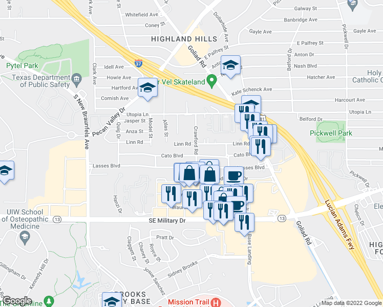 map of restaurants, bars, coffee shops, grocery stores, and more near 3135 Cato Boulevard in San Antonio