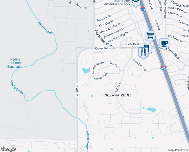 map of restaurants, bars, coffee shops, grocery stores, and more near 7622 Perseus Sound in San Antonio