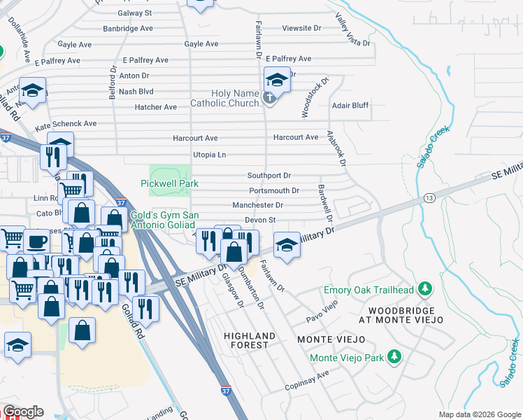 map of restaurants, bars, coffee shops, grocery stores, and more near 3806 Manchester Drive in San Antonio