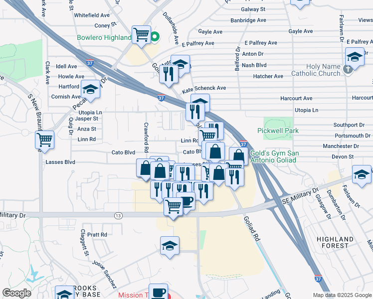 map of restaurants, bars, coffee shops, grocery stores, and more near 3317 Cato Boulevard in San Antonio