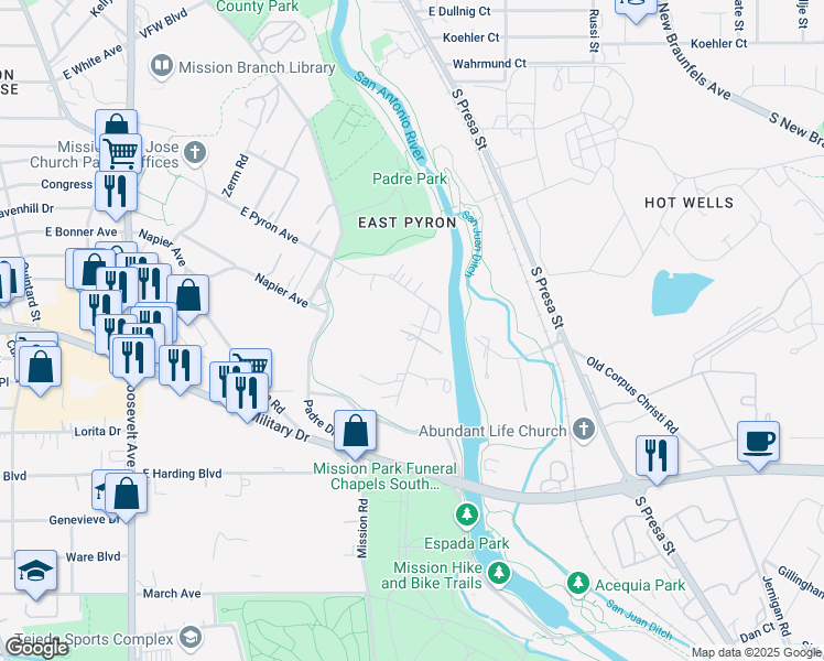 map of restaurants, bars, coffee shops, grocery stores, and more near 7031 Symphony Lane in San Antonio