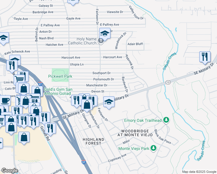 map of restaurants, bars, coffee shops, grocery stores, and more near 3838 Manchester Drive in San Antonio