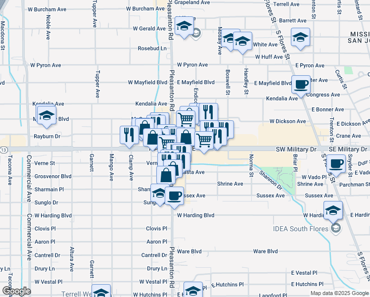 map of restaurants, bars, coffee shops, grocery stores, and more near 735 Southwest Military Drive in San Antonio