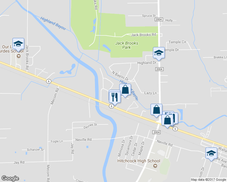map of restaurants, bars, coffee shops, grocery stores, and more near 8109 Woodacres Drive in Hitchcock