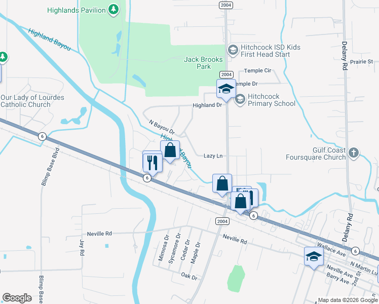 map of restaurants, bars, coffee shops, grocery stores, and more near 9103 Lazy Lane in Hitchcock