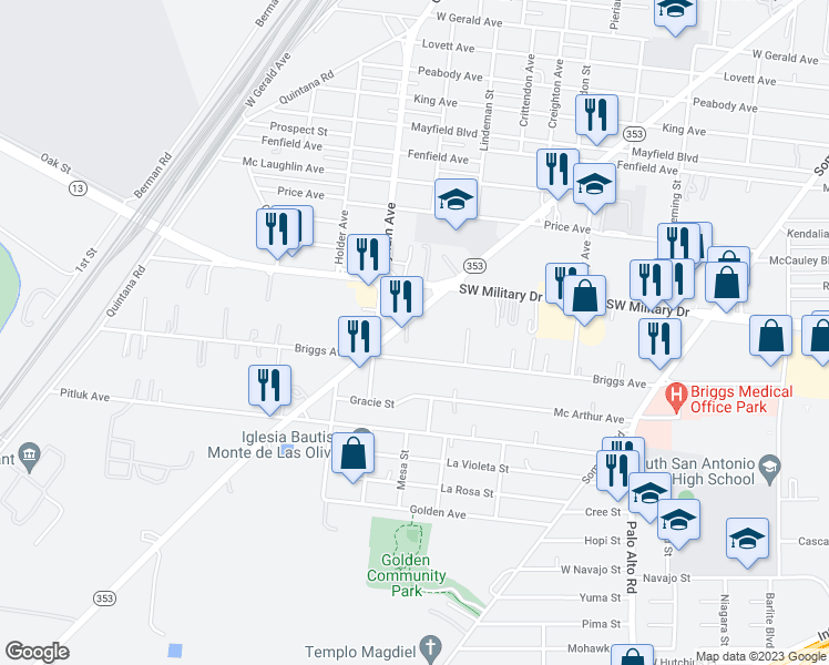 map of restaurants, bars, coffee shops, grocery stores, and more near 7146 New Laredo Highway in San Antonio