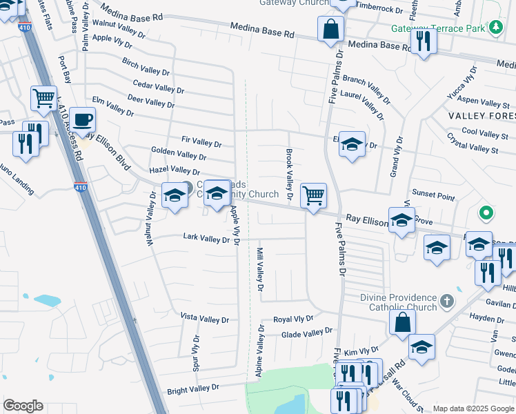 map of restaurants, bars, coffee shops, grocery stores, and more near 7502 Glen Valley in San Antonio