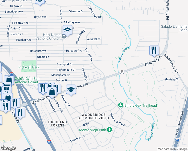 map of restaurants, bars, coffee shops, grocery stores, and more near 3903 Southeast Military Drive in San Antonio