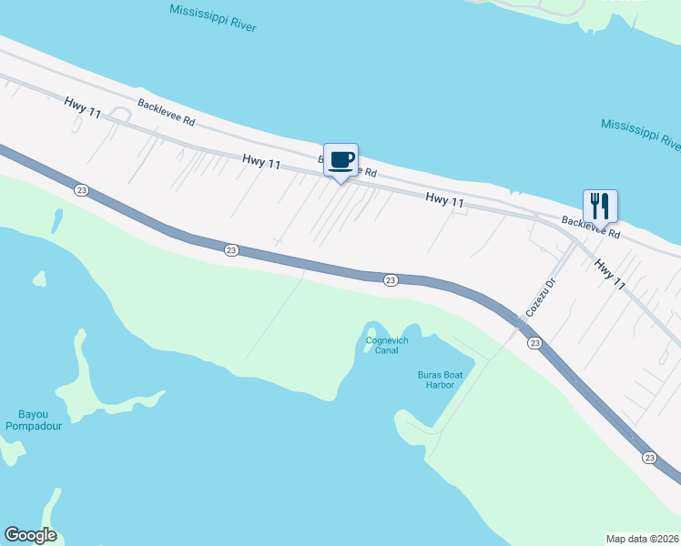 map of restaurants, bars, coffee shops, grocery stores, and more near Louisiana 23 in Buras