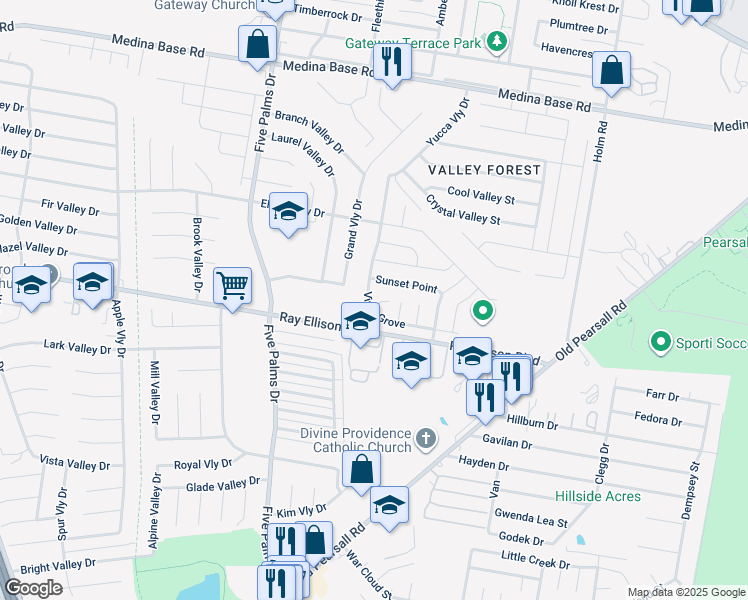 map of restaurants, bars, coffee shops, grocery stores, and more near 7234 Vista Grove in San Antonio