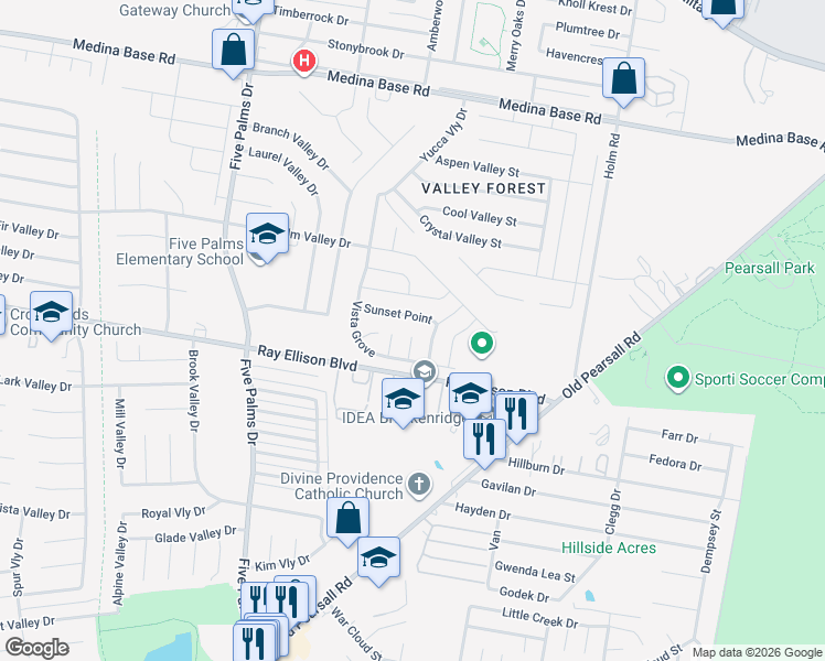 map of restaurants, bars, coffee shops, grocery stores, and more near 5710 Vista Point in San Antonio
