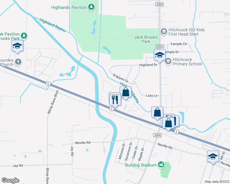 map of restaurants, bars, coffee shops, grocery stores, and more near 8109 Woodacres Drive in Hitchcock