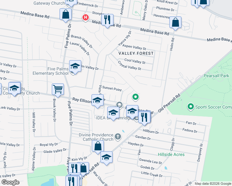 map of restaurants, bars, coffee shops, grocery stores, and more near 5710 Vista Point in San Antonio