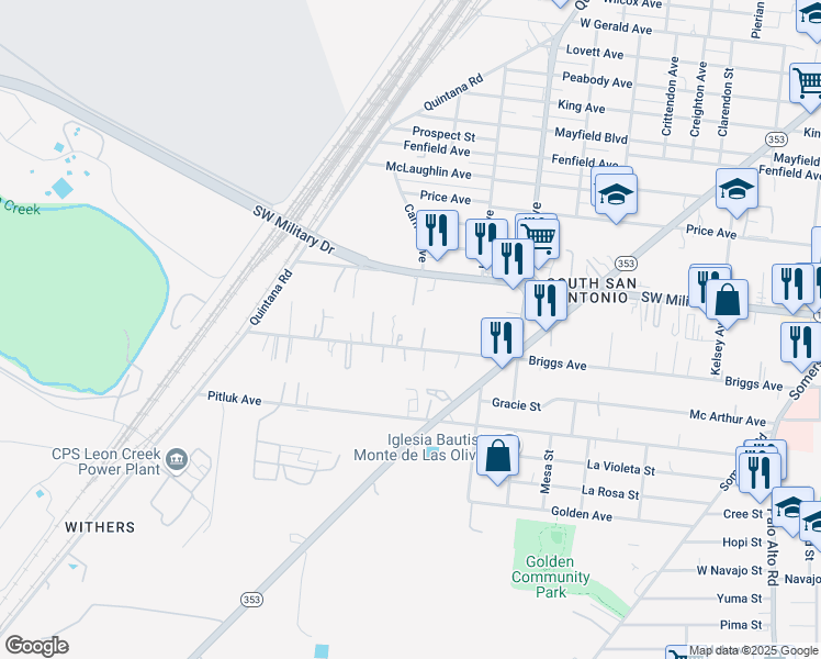 map of restaurants, bars, coffee shops, grocery stores, and more near 529 Briggs Avenue in San Antonio