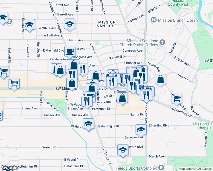 map of restaurants, bars, coffee shops, grocery stores, and more near 823 Southeast Military Drive in San Antonio