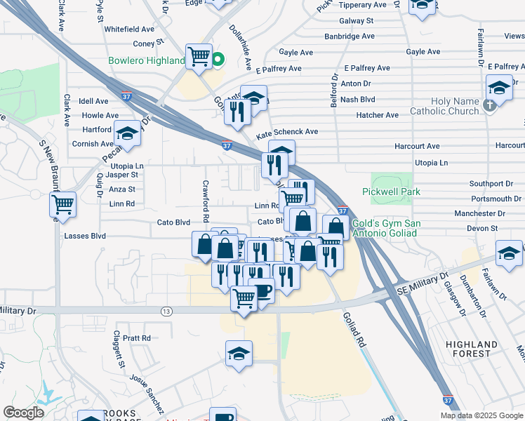 map of restaurants, bars, coffee shops, grocery stores, and more near 3317 Cato Boulevard in San Antonio